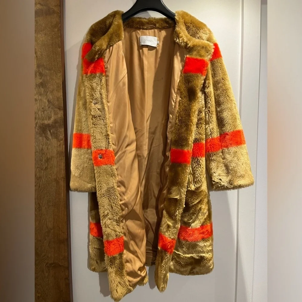 STAND STUDIO Brown and Red Stripe Faux Fur Coat - Picture 6 of 6